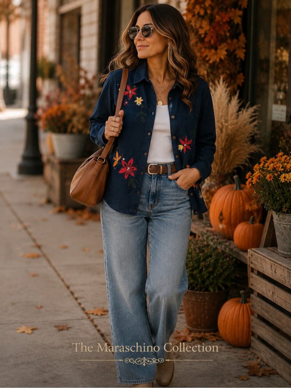 Alfred Dunner Vintage Denim Shirt Floral Embroidered Beaded Cottagecore Boho 10